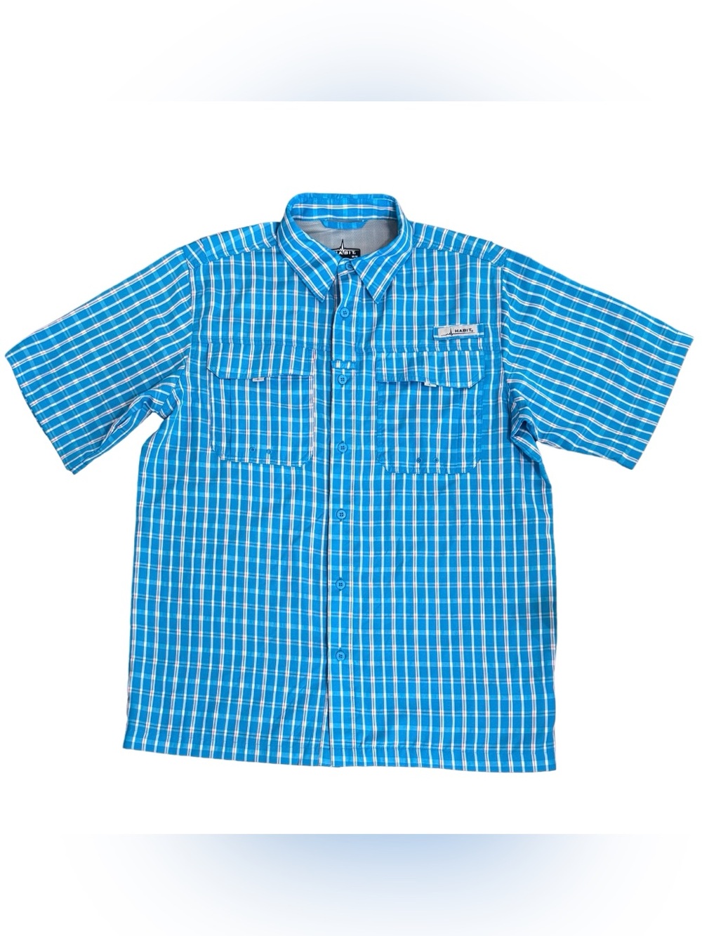 Habit Men's Sz M Fishing Shirt Short Sleeve Fish Finder Vivid Blue Plaid UPF 40+
